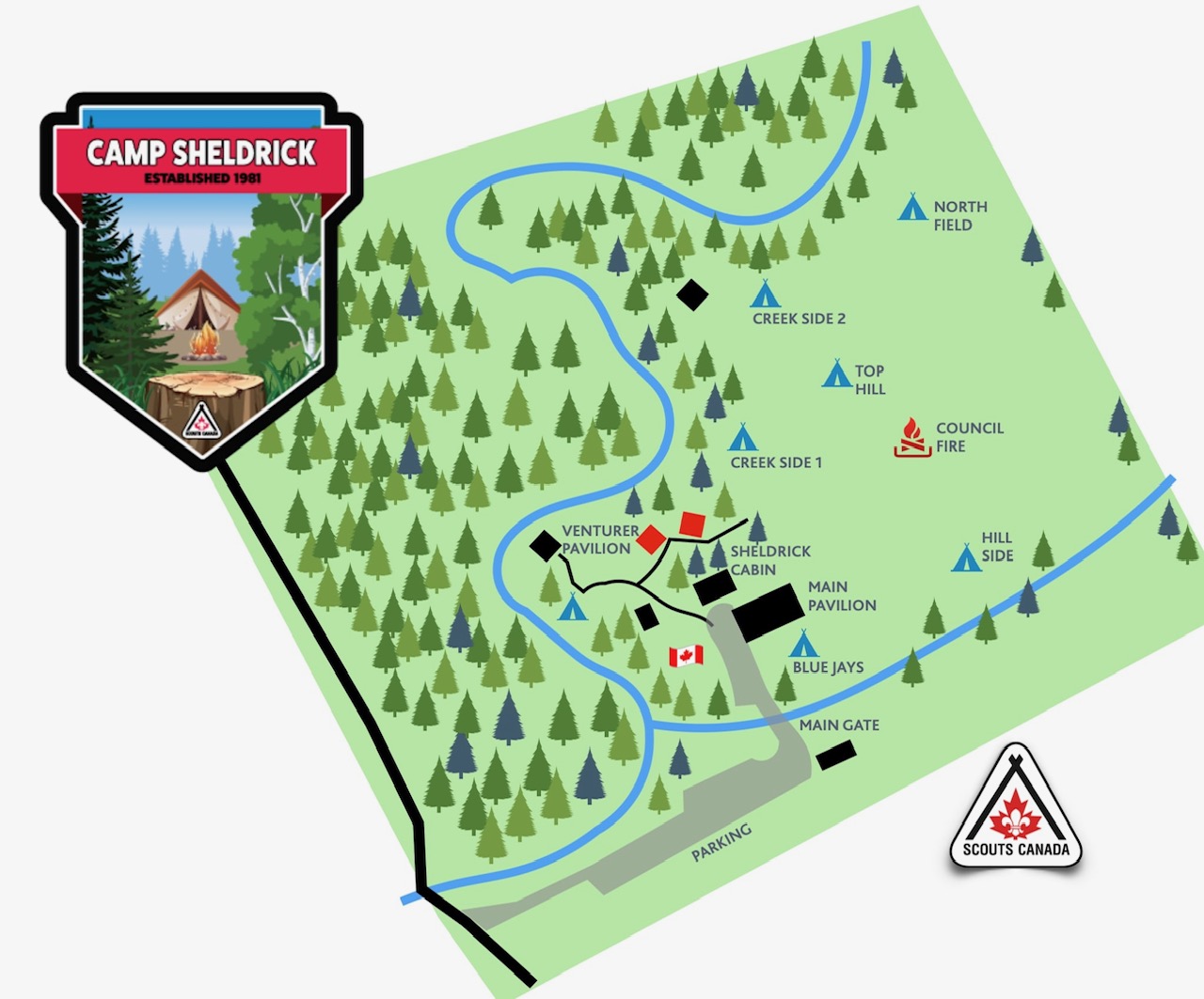 Map concept of the Southern section of the camp, provided by Marc Chamberland. The image shows a slightly more detailed layout of teh Southern portion of the camp, with each field labelled, as represented in DoubleKnot.